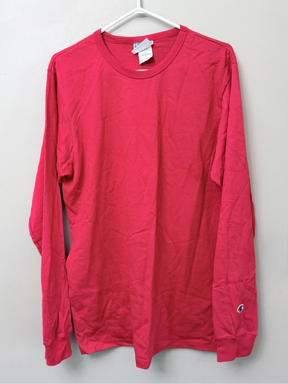 Champion Red Long Sleeve Tee with C Logo Patch Sz L